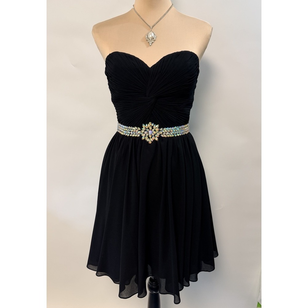 Y2K 2000s Black Rhinestone Ruffle Homecoming Dress Sz 4 Short Sleeveless Bling